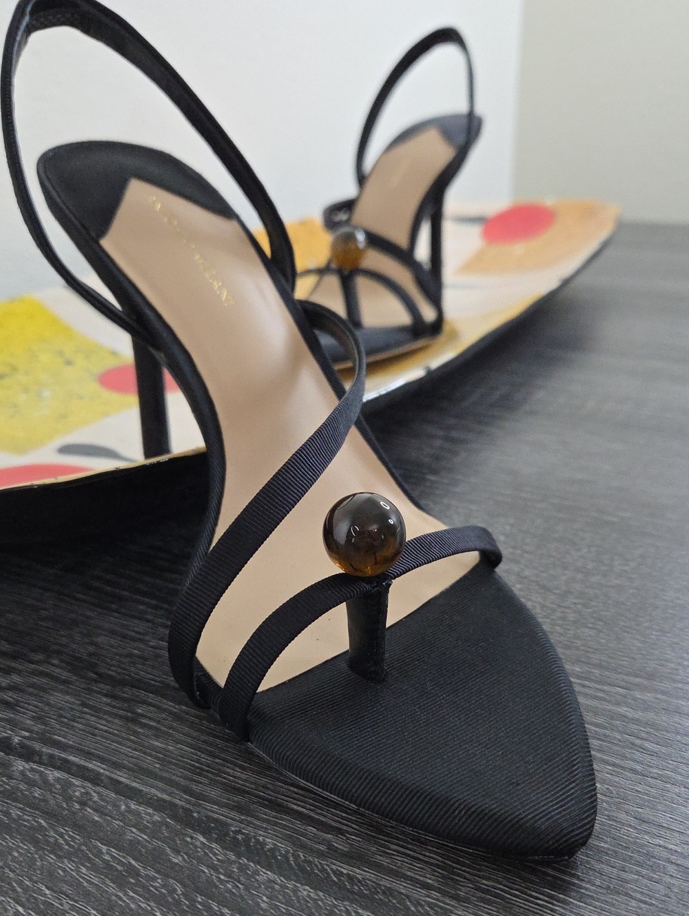 ANTONIO MELANI Black Slingback Stiletto Sandal Thong with Decorative Bead 7.5 M